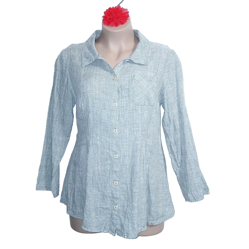 Flax Linen Women Button Up Plaid Shirt M Gray Preppy Casual Academia Breathable